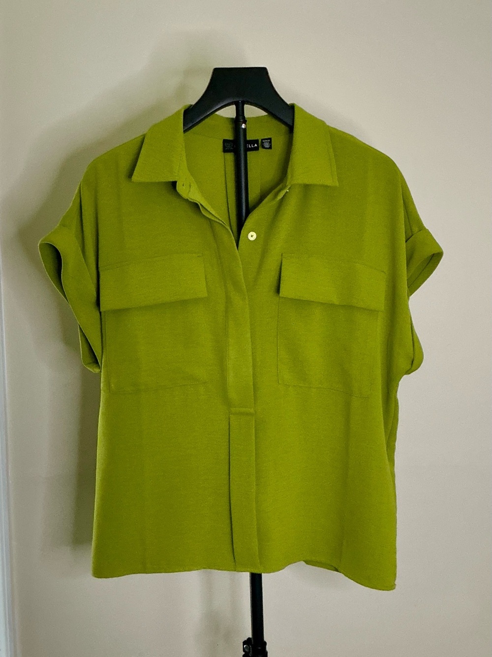 Rafaella Short Sleeve Button-Front Utility Shirt Lime Chartreuse Green - Picture 2 of 7